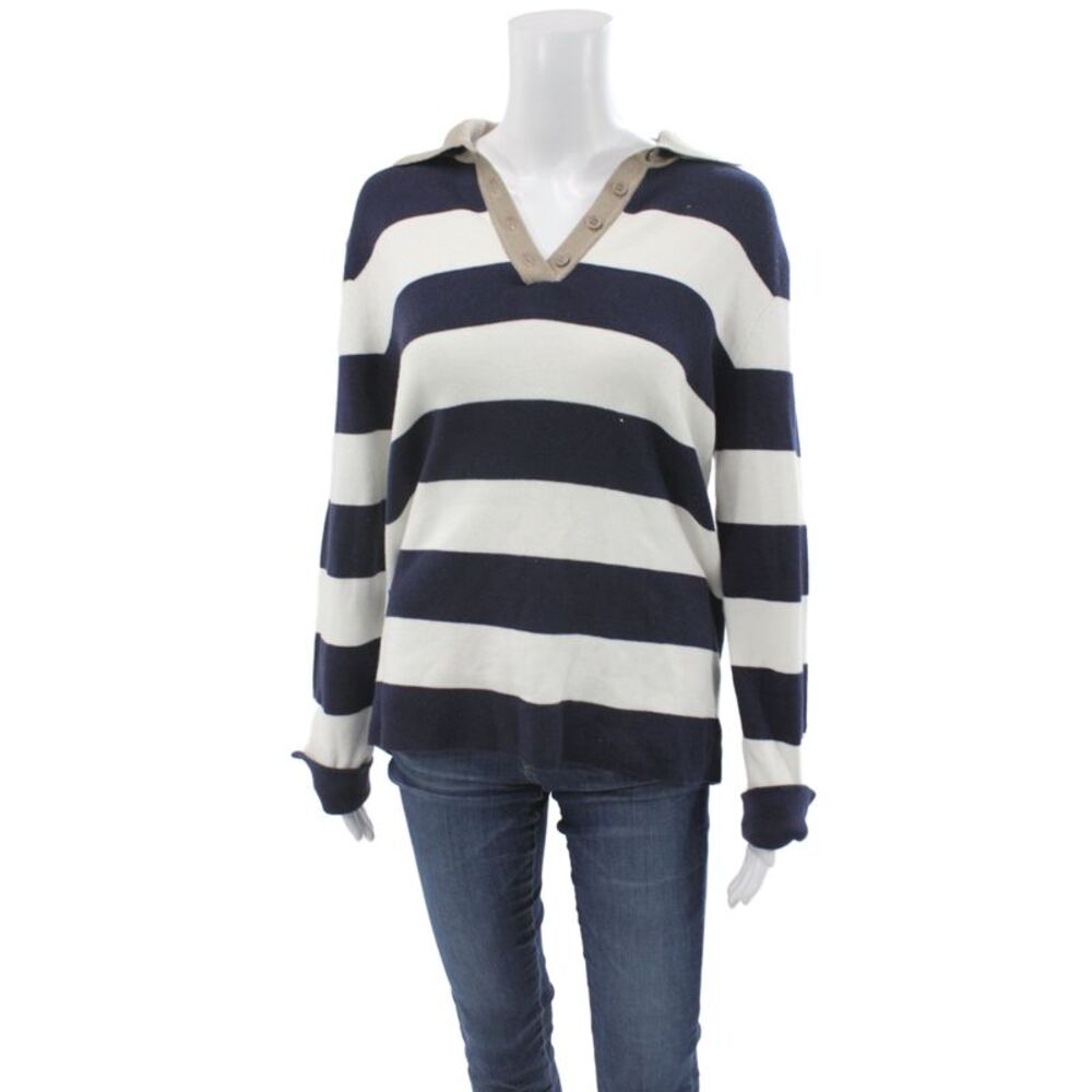 One Grey Day Womens Collared Striped Pullover Sweater Blue 70% Cotton Size XS